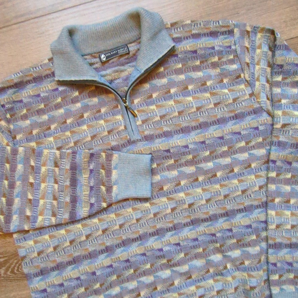 Millma's 100% Baby Alpaca Quarter Zip Sweater Blue Purple Geometric Knit Peru L
